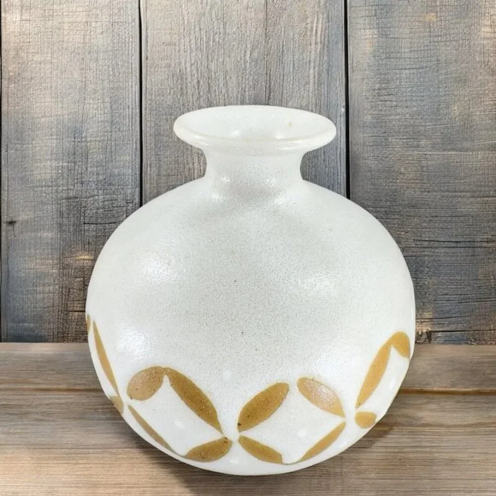 Vintage 1990s Hand Made Stoneware‎ Pottery Vase Round Bottom Brown Pattern VTG